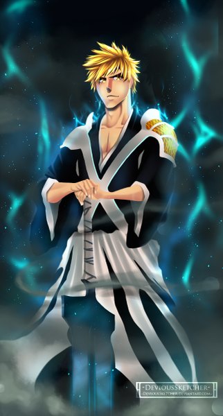 Anime picture 1289x2400 with bleach studio pierrot kurosaki ichigo devioussketcher single tall image looking at viewer short hair simple background brown eyes signed traditional clothes japanese clothes orange hair coloring boy weapon kimono huge weapon huge sword
