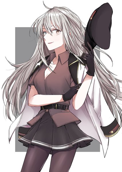 Anime picture 1254x1771 with kantai collection gangut (kantai collection) morinaga (harumori) single long hair tall image looking at viewer fringe hair between eyes cleavage silver hair ahoge scar clothes on shoulders hat removed headwear removed remodel (kantai collection) girl gloves uniform