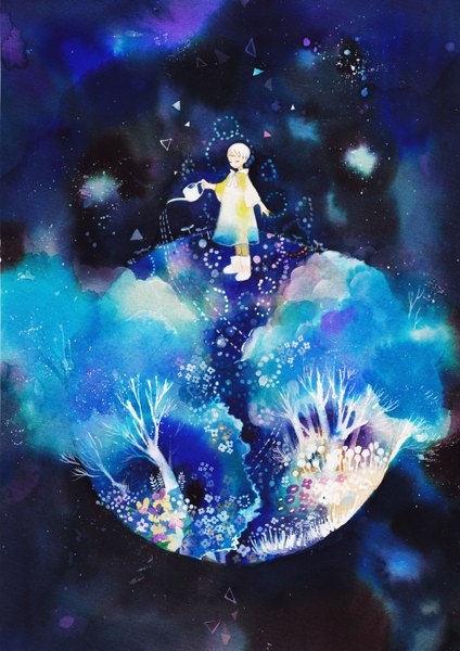 Anime picture 2000x2829 with original ni bi single tall image highres short hair white hair eyes closed traditional media watercolor (medium) flower (flowers) plant (plants) tree (trees) child (children) watering can