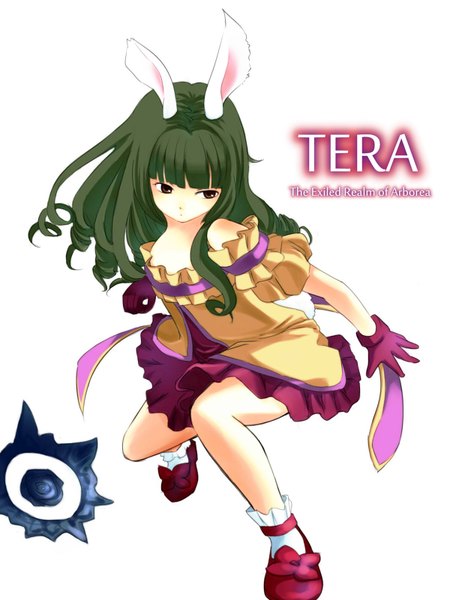 Anime picture 1200x1600 with tera online single long hair tall image white background brown eyes animal ears looking away green hair girl gloves shoes