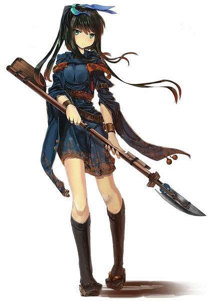 Anime picture 740x1047 with original inabi single long hair tall image black hair simple background standing white background green eyes looking away traditional clothes girl ribbon (ribbons) weapon hair ribbon socks belt black socks