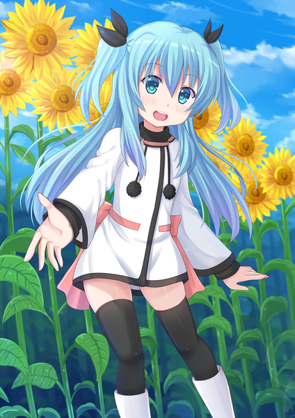 Anime picture 945x1337 with sora no method noel (sora no method) kazenokaze single long hair tall image looking at viewer blush open mouth blue eyes blue hair sky cloud (clouds) two side up girl thighhighs flower (flowers) bow black thighhighs hair bow