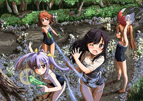 Anime picture 1023x724 with non non biyori silver link ichijou hotaru miyauchi renge koshigaya komari koshigaya natsumi tetsujin momoko long hair looking at viewer blush fringe short hair breasts open mouth blue eyes light erotic black hair smile red eyes brown hair