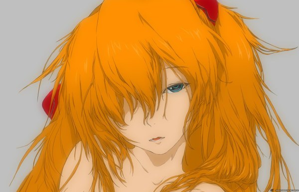 Anime picture 1573x1010 with neon genesis evangelion rebuild of evangelion evangelion: 2.0 you can (not) advance gainax soryu asuka langley ucca (artist) single long hair fringe blue eyes simple background bare shoulders lips hair over one eye orange hair grey background face girl