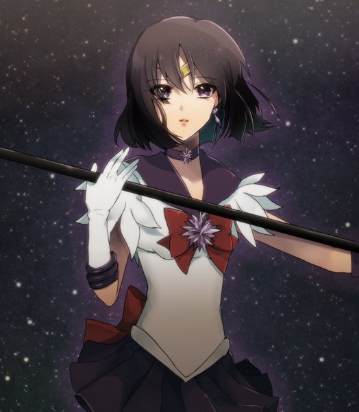 Anime picture 960x1100 with bishoujo senshi sailor moon toei animation tomoe hotaru sailor saturn maccha (okitakiri) single tall image looking at viewer short hair open mouth black hair purple eyes pleated skirt space magical girl girl skirt gloves bow earrings