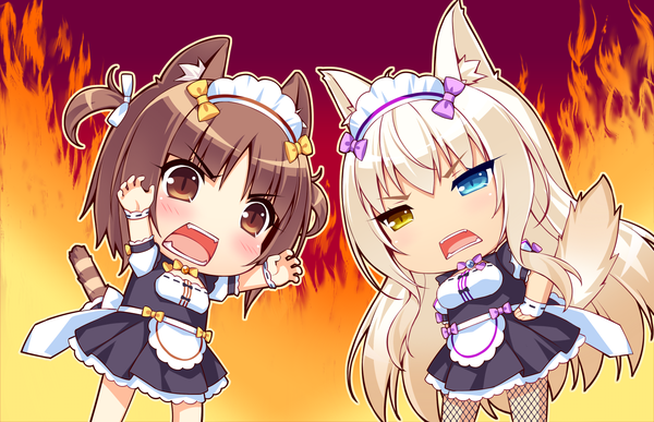 Anime picture 1580x1020 with neko paradise neko works (studio) coconut (sayori) azuki (sayori) sayori long hair blush fringe short hair open mouth blue eyes blonde hair hair between eyes brown hair twintails multiple girls brown eyes animal ears yellow eyes game cg