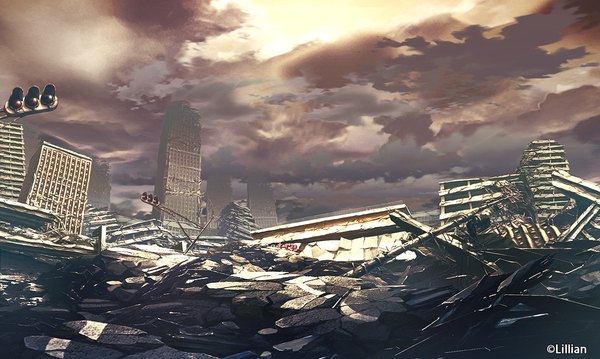 Anime picture 1024x614 with original ginnofude (takei) wide image sky cloud (clouds) no people ruins broken post-apocalyptic building (buildings) traffic lights