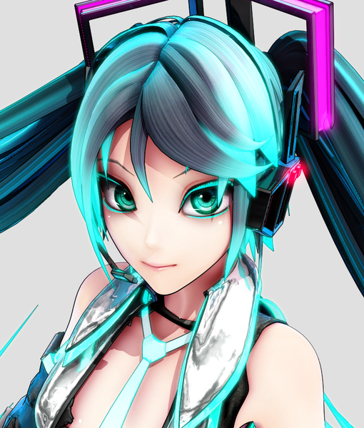 Anime picture 731x860 with vocaloid hatsune miku deino single long hair tall image looking at viewer fringe simple background hair between eyes twintails bare shoulders upper body aqua eyes aqua hair close-up girl hair ornament detached sleeves necktie