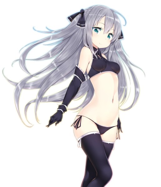 Anime picture 1035x1200 with original zizi (zz22) single long hair tall image looking at viewer light erotic simple background white background green eyes ahoge bare belly girl thighhighs gloves navel underwear panties ribbon (ribbons) black thighhighs