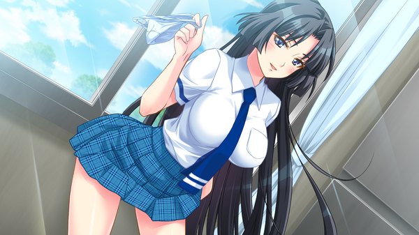 Anime picture 2048x1152 with no pantsu!! kajiki aiko bomi long hair highres blue eyes light erotic black hair wide image game cg girl underwear panties serafuku