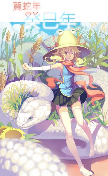 Anime picture 1240x2004 with touhou moriya suwako mishaguji madyy single long hair tall image looking at viewer blonde hair smile bare shoulders yellow eyes wind no shoes zettai ryouiki spread arms girl thighhighs skirt plant (plants)