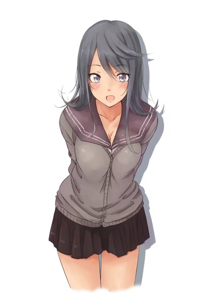Anime picture 1254x1771 with original rutchifu single long hair tall image looking at viewer blush open mouth black hair simple background standing white background pleated skirt grey eyes leaning leaning forward hands behind back girl skirt miniskirt