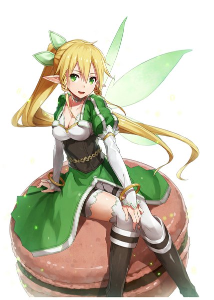 Anime picture 643x900 with sword art online a-1 pictures leafa gabiran single long hair tall image looking at viewer fringe open mouth blonde hair simple background smile white background sitting green eyes cleavage bent knee (knees) ponytail pointy ears