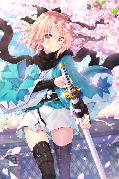 Anime picture 2683x4000 with fate (series) koha-ace okita souji (fate) (all) okita souji (koha-ace) yano mitsuki single tall image looking at viewer blush fringe highres short hair smile hair between eyes standing holding pink hair ahoge outdoors long sleeves