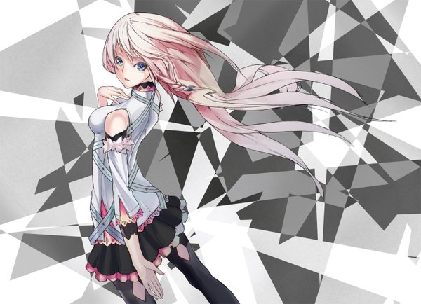 Anime picture 1500x1086 with vocaloid ia (vocaloid) yucca-612 (neco) single long hair looking at viewer blue eyes pink hair braid (braids) wind alternate costume turning head girl skirt miniskirt thigh boots