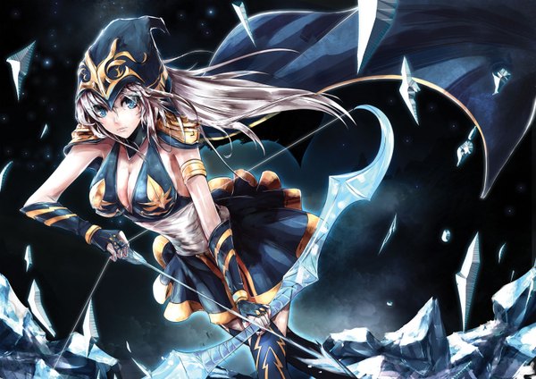 Anime picture 1500x1060 with league of legends ashe (league of legends) beanbean1988 single long hair breasts blue eyes looking away cleavage silver hair girl dress gloves weapon bracelet fingerless gloves hood cape bow (weapon) arrow (arrows)