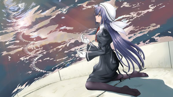 Anime picture 4409x2480 with ef a fairy tale of the two amamiya yuuko realmbw highres wide image blue hair absurdres sky cloud (clouds) kneeling girl gloves uniform school uniform stairs paper airplane