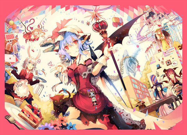 Anime picture 1417x1027 with touhou the embodiment of scarlet devil hakurei reimu flandre scarlet remilia scarlet izayoi sakuya patchouli knowledge hong meiling koakuma kirero (pixiv) long hair fringe short hair open mouth blue eyes blonde hair smile hair between eyes red eyes sitting