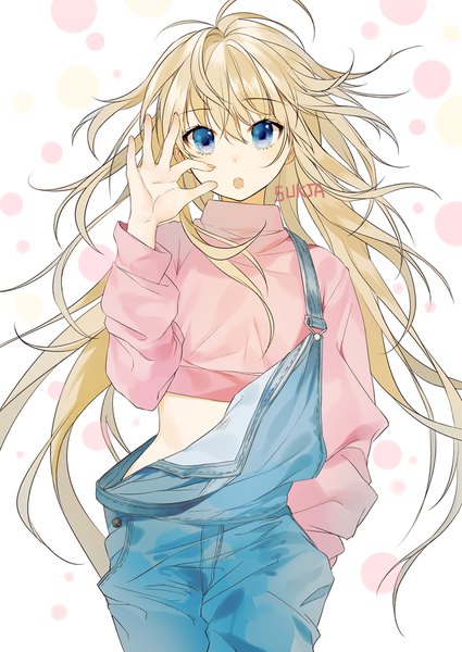 Anime picture 700x989 with original sorolp single long hair tall image looking at viewer fringe open mouth blue eyes blonde hair hair between eyes standing signed :o floating hair polka dot hand in pocket messy hair polka dot background girl