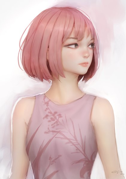 Anime picture 910x1297 with original geo siador single tall image blush fringe short hair simple background white background bare shoulders signed looking away pink hair upper body pink eyes lips grey eyes gradient background floral print dated