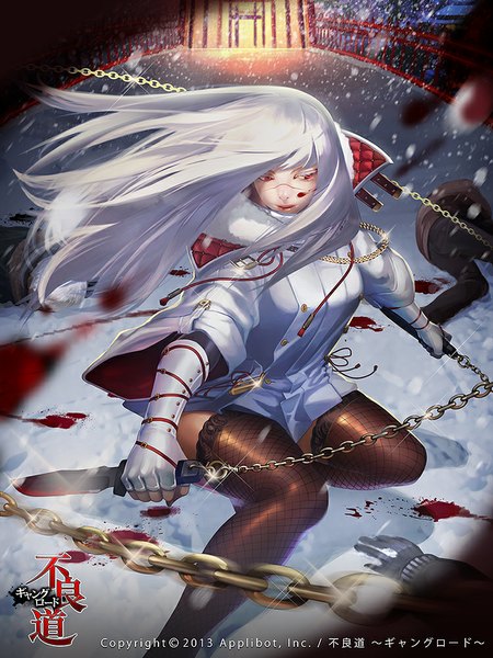 Anime picture 750x1000 with original ukero long hair tall image red eyes white hair snowing winter snow blood on face girl thighhighs gloves fingerless gloves blood chain knife
