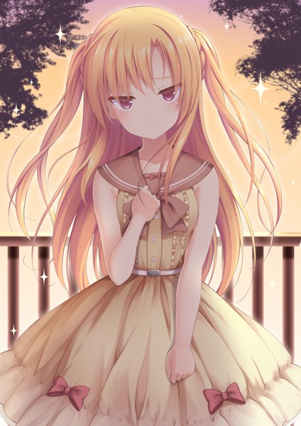 Anime picture 2893x4092 with original sasakura momiji single long hair tall image looking at viewer blush fringe highres blonde hair outdoors braid (braids) head tilt pink eyes sparkle two side up hand on chest girl dress uniform