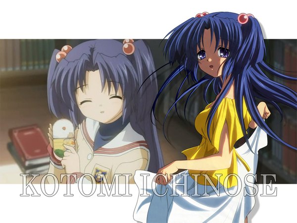 Anime picture 1024x768 with clannad key (studio) ichinose kotomi long hair looking at viewer open mouth purple eyes blue hair eyes closed two side up character names multiview girl food book (books) hair bobbles obento