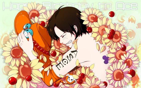 Anime picture 1600x1000 with one piece toei animation portgas d. ace shouyama senoka single short hair brown hair wide image eyes closed inscription tattoo topless happy birthday freckles boy flower (flowers) hat petals skull