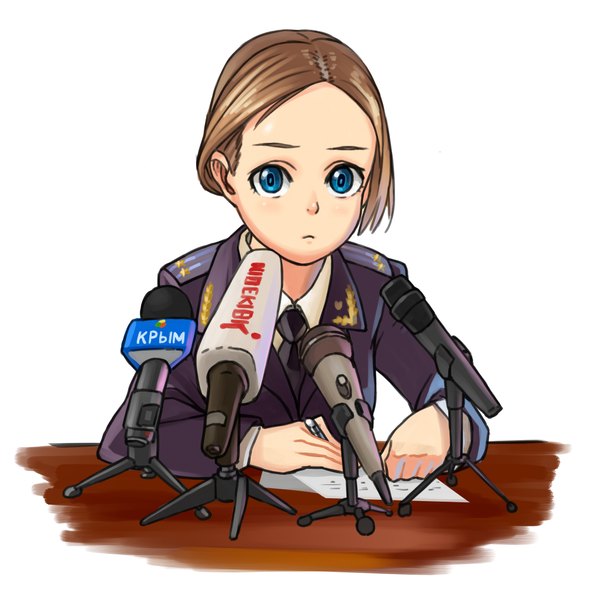 Anime picture 2050x2050 with real life natalia poklonskaya shinn0512 single looking at viewer highres short hair blue eyes simple background brown hair white background girl uniform necktie microphone pen police uniform