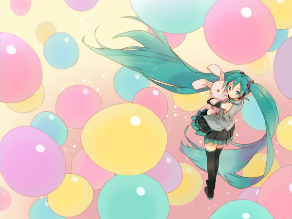 Anime picture 1600x1200 with vocaloid hatsune miku komagarita single looking at viewer standing full body very long hair pleated skirt aqua eyes from above wind aqua hair wallpaper girl skirt miniskirt boots headphones thigh boots