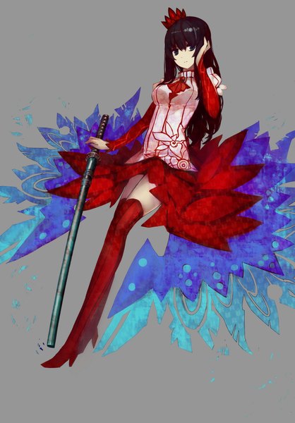 Anime picture 1500x2150 with original kiwamu single long hair tall image looking at viewer blue eyes black hair high heels hand on head girl thighhighs dress weapon sword boots katana thigh boots crown