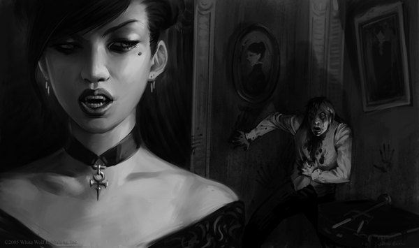 Anime picture 1400x830 with jason chan open mouth wide image bare shoulders teeth fang (fangs) monochrome dark background vampire scared painting girl boy earrings blood curtains collar candle (candles) picture