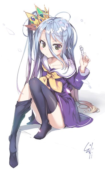 Anime picture 800x1299 with no game no life madhouse shiro (no game no life) newey single long hair tall image blush light erotic simple background hair between eyes white background sitting signed yellow eyes blue hair ahoge multicolored hair no shoes one side up