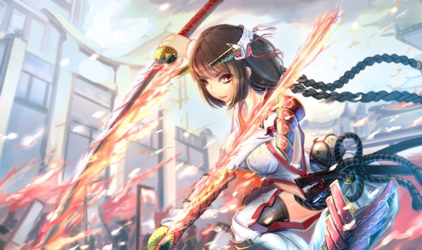 Anime picture 2000x1186 with original kikivi single long hair looking at viewer highres black hair red eyes wide image braid (braids) glowing girl hair ornament weapon sword katana bodysuit