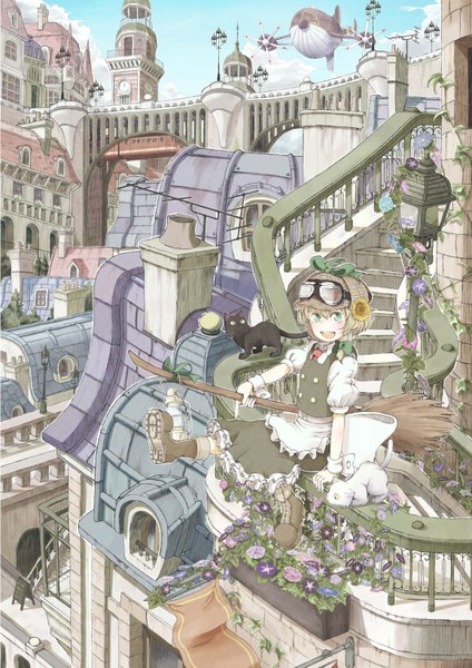 Anime picture 1158x1637 with touhou kirisame marisa kitsuneno denpachi tall image open mouth blue eyes hair flower city cityscape alternate hairstyle flying scenic witch goggles on head alternate hair length broom riding alternate eye color detective girl hair ornament