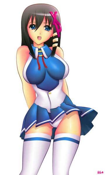 Anime picture 600x1000 with os-tan windows (operating system) xp-tan (saseko) khalitzburg single long hair tall image breasts open mouth blue eyes light erotic black hair simple background smile large breasts white background girl thighhighs dress underwear