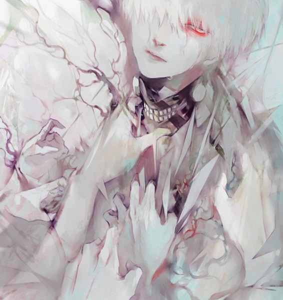 Anime picture 1311x1388 with tokyo ghoul studio pierrot kaneki ken yongkang tall image fringe short hair white hair lips hair over one eye tears crying white skin boy mask hands