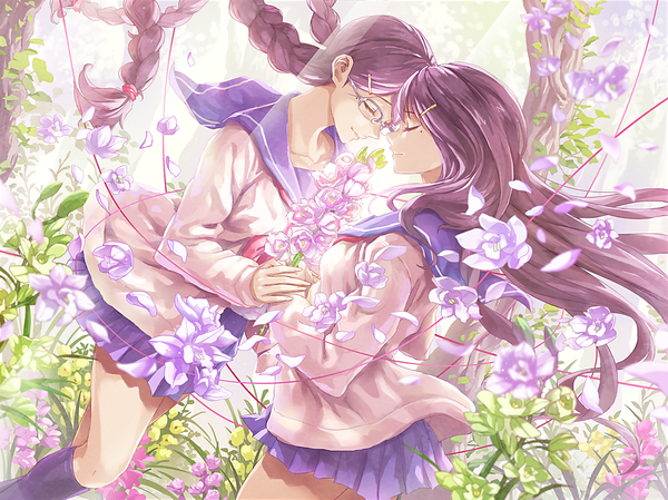 Anime picture 1200x899 with original guchico long hair smile multiple girls purple hair braid (braids) eyes closed wind mole mole under eye twin braids holding hands reflection face to face dual persona girl hair ornament flower (flowers) 2 girls
