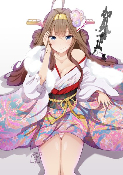 Anime picture 728x1032 with kantai collection kongou battleship yamasaki wataru single long hair tall image looking at viewer blush blue eyes light erotic simple background brown hair white background signed ahoge traditional clothes japanese clothes hair bun (hair buns) pantyshot fur trim