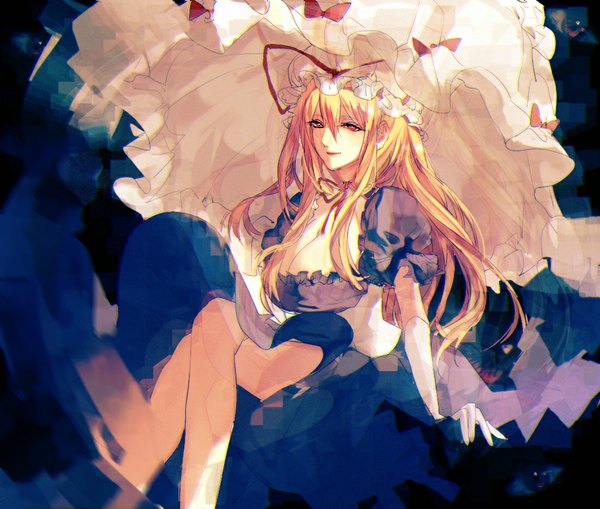 Anime picture 1100x934 with touhou yakumo yukari tian (my dear) single long hair breasts light erotic blonde hair red eyes large breasts sitting looking away cleavage puffy sleeves crossed legs eyes girl dress gloves elbow gloves