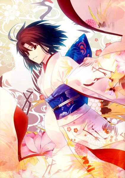 Anime picture 3159x4491 with kara no kyoukai type-moon ryougi shiki takeuchi takashi single tall image highres short hair smile brown hair brown eyes absurdres traditional clothes japanese clothes scan official art girl flower (flowers) kimono obi