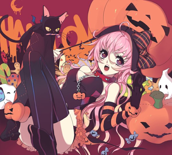 Anime picture 800x720 with original enk single long hair fringe open mouth light erotic purple eyes bare shoulders looking away pink hair ahoge symbol-shaped pupils wavy hair halloween reclining leg lift (legs lift) asymmetrical clothes girl thighhighs