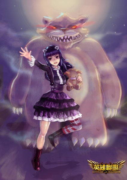 Anime picture 2480x3508 with league of legends annie (league of legends) kiramcr single long hair tall image highres purple eyes sky purple hair cloud (clouds) lips lolita fashion crazy girl thighhighs dress moon star (stars) toy