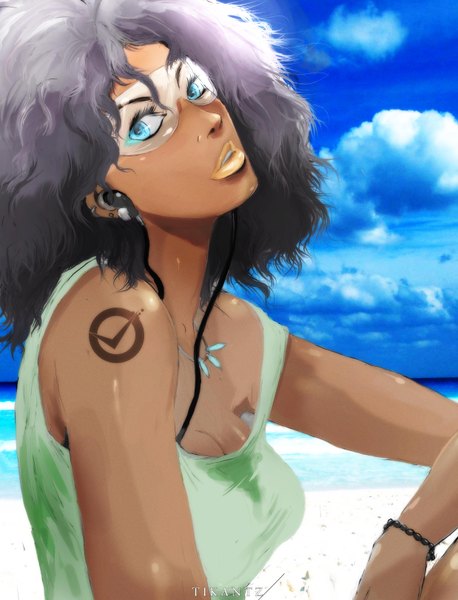 Anime picture 2476x3240 with ibroid (artist) single long hair tall image looking at viewer highres blue eyes black hair sky cloud (clouds) lips tattoo beach dark skin girl glasses bracelet headphones t-shirt