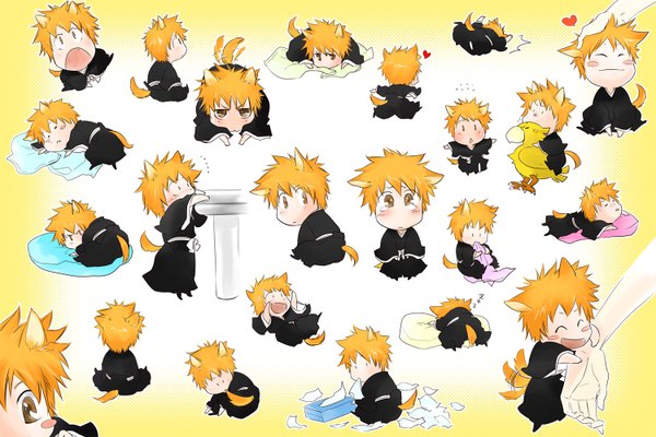 Anime picture 1500x1000 with bleach studio pierrot kurosaki ichigo hiroto touya looking at viewer blush short hair open mouth smile sitting brown eyes animal ears tail lying eyes closed traditional clothes japanese clothes looking back from behind orange hair