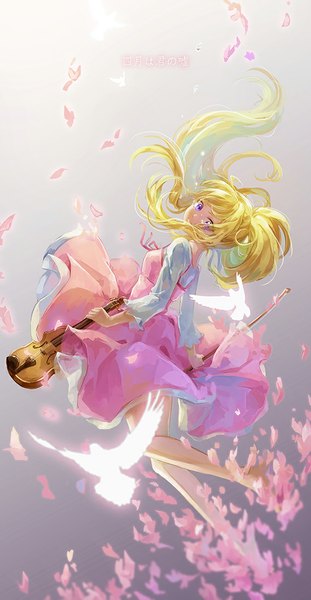 Anime picture 570x1099 with shigatsu wa kimi no uso a-1 pictures miyazono kaori cat princess long hair tall image looking at viewer blonde hair purple eyes holding bent knee (knees) ponytail looking back bare legs flying girl animal petals bird (birds) musical instrument
