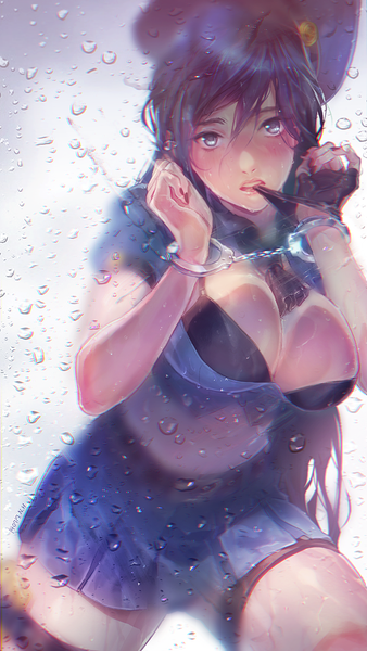 Anime picture 640x1136 with league of legends caitlyn (league of legends) officer caitlyn lucy (amanecer) single long hair tall image looking at viewer blush fringe breasts open mouth blue eyes light erotic black hair large breasts holding pleated skirt bare belly wet