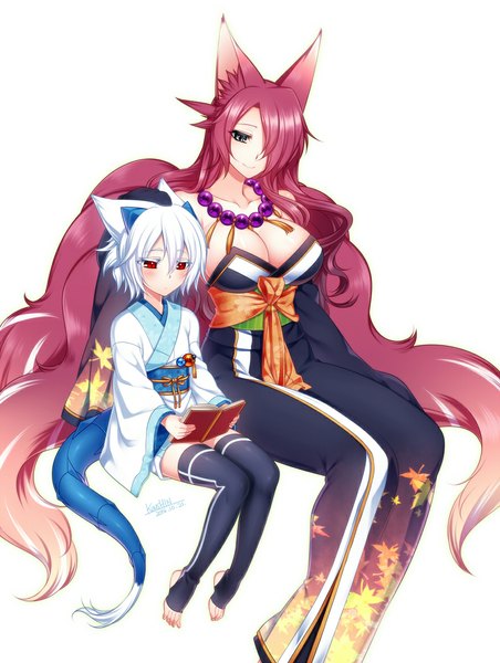 Anime picture 877x1164 with original pixiv fantasia pixiv fantasia sword regalia konshin tall image blush fringe short hair breasts light erotic simple background red eyes large breasts white background sitting multiple girls animal ears white hair red hair tail