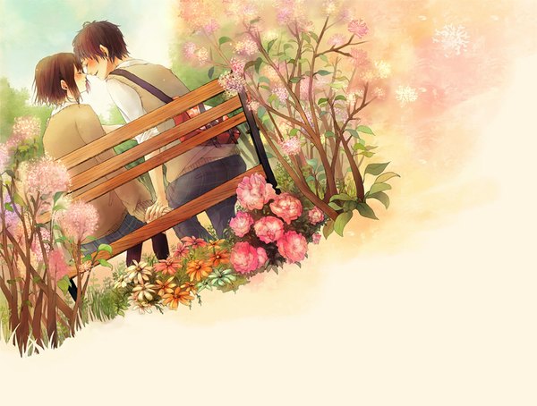 Anime picture 1000x757 with c-chicken blush short hair smile brown hair sitting eyes closed profile from behind couple hug holding hands face to face nature girl boy uniform flower (flowers) plant (plants) school uniform