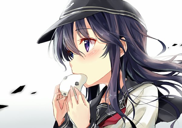 Anime picture 890x630 with kantai collection akatsuki destroyer kakao rantan single long hair blush black hair simple background standing white background purple eyes holding looking away wind mouth hold eating girl uniform serafuku headdress